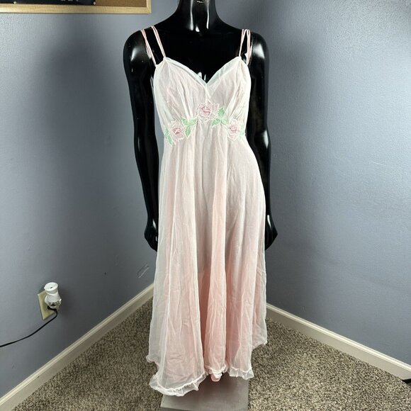 Vtg Double Layer Sheer Chiffon Over Sheath Long Nightgown Floral Strappy 32” B - Picture 2 of 16
